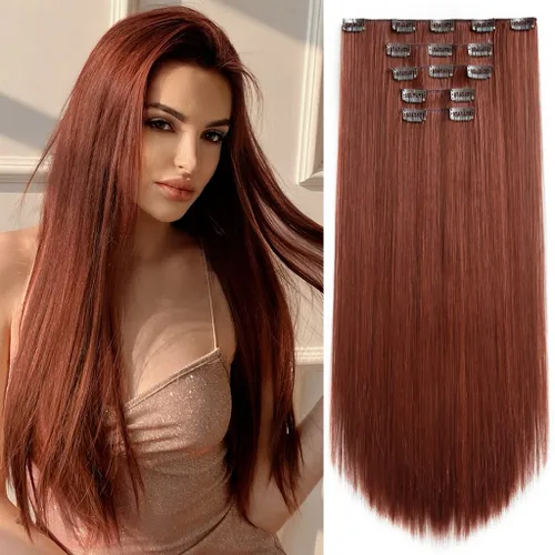 Vista 10 de Extensiones de cabello sintético con clip, color burdeos de 18 pulgadas de largo, invisibles, gruesas, extensiones de cabello lacio con clips, 5