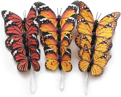 Vista 19 de Paquete de 12 decoraciones de mariposa, decoración de estacas de mariposa 3D, 2 tamaños de adorno de mariposa para el hogar, flores falsas