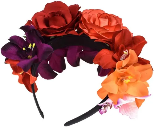 Vista 4 de DreamLily Frida Kahlo NC27 - Diadema con corona de flores mexicanas Dia de Los Muertos Rojo anaranjado