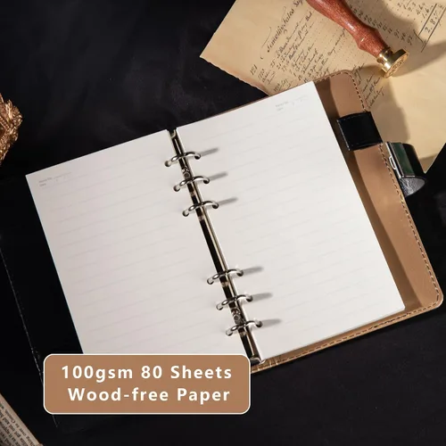 Vista 4 de TIEFOSSI Diario de cuero estrellado con cerradura, carpeta de papel recargable, diario de contraseña, cuaderno secreto A6 de tapa dura para mujeres