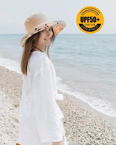 Vista 8 de vidsel Sombreros de sol para mujer, de ala ancha, reversible, de algodón, plegable, de verano, con clip para sombrero, protección UV Beige