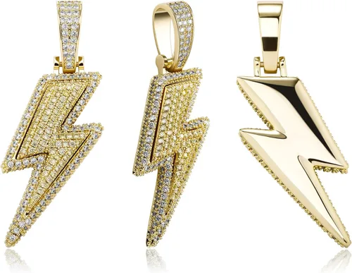 Vista 10 de JINAO Hip Hop - Colgante con diseño de rayo chapado en oro de 18 quilates con circonita cúbica con micropave de imitación de diamante para hombres