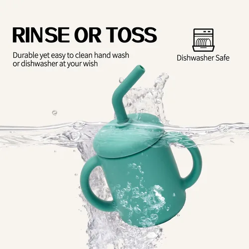 Vista 6 de Paquete de 2 tazas para beber 100% silicona para bebé, taza pequeña de entrenamiento de silicona con asas y popote para bebés y niños pequeños verde