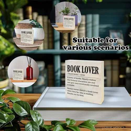 Vista 3 de Letrero de madera para amantes de los libros, definición de amante de los libros, decoración de mesa de escritorio con gusano de libro, regalos