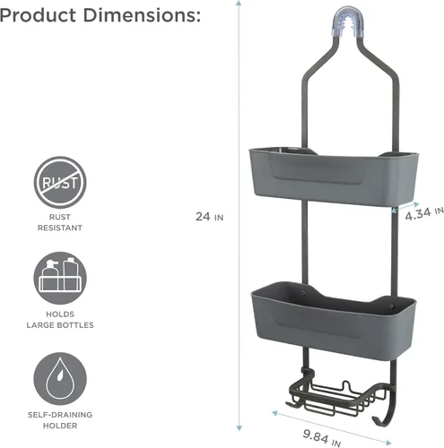 Vista 4 de Bath Bliss Tier - Organizador colgante de aluminio, cabeza, con ganchos de lufa, jabonera, capacidad para botellas grandes y pequeñas, organización