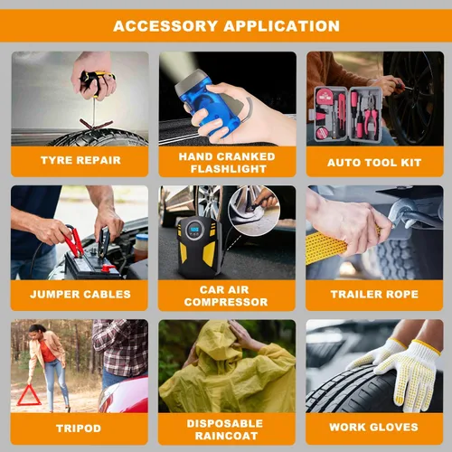 Vista 3 de Kit de emergencia todo en uno para automóvil con inflador digital de neumáticos, cables de puente, correa de remolque, triángulo reflectante, kit