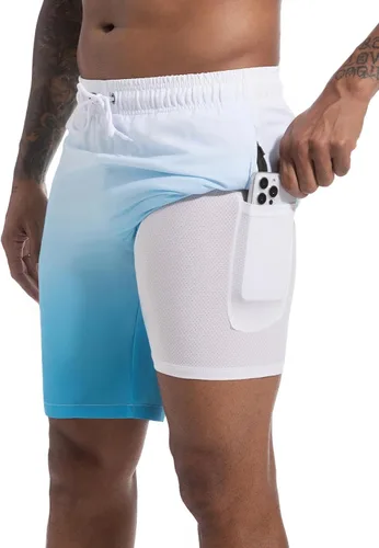 Vista 22 de Difficort - Traje de baño para hombre con forro de compresión, pantalones cortos de secado rápido con bolsillos con cremallera 1-a/ Rayas negras