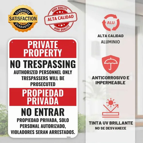 Vista 3 de 2 piezas de letreros de propiedad privada sin traspaso en español, 10 x 7 pulgadas - aluminio - Propiedad privada no traspasar. Los infractores