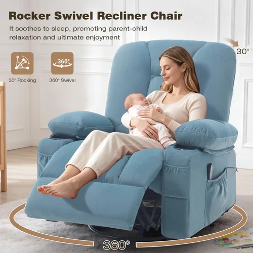 Vista 3 de Rocker - Silla reclinable con masaje y calor, sillón reclinable giratorio con relleno con soporte para tazas, bolsillo lateral USB, sofá mecedora