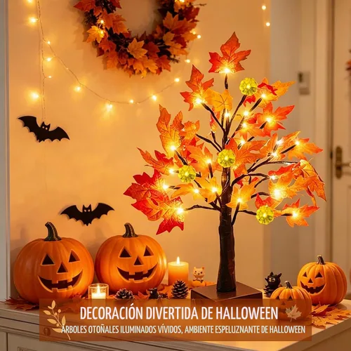 Vista 6 de Árbol de arce preiluminado de otoño con temporizador de luces de calabaza