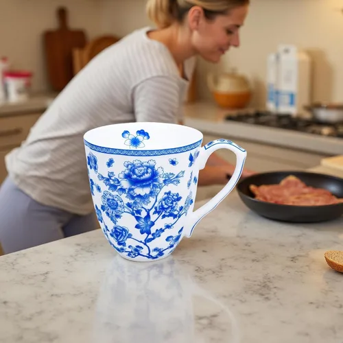 Vista 3 de Taza floral de porcelana de hueso de 14 onzas, taza de café floral para mujeres y hombres, taza de té de café de porcelana de hueso con asa cómoda