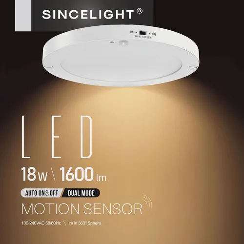 Vista 2 de SINCELIGHT PIR - Lámpara de techo LED de 18 W con sensor de movimiento (Φ9 pulgadas/8.661 in), encendido/apagado automático, activación por Blanco