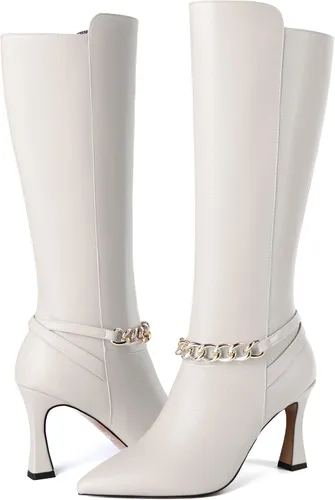 Vista 6 de SKYSTERRY Botas de mujer con punta puntiaguda para citas, viajes, con cremallera, de tacón alto, a media pantorrilla, 3.3 pulgadas