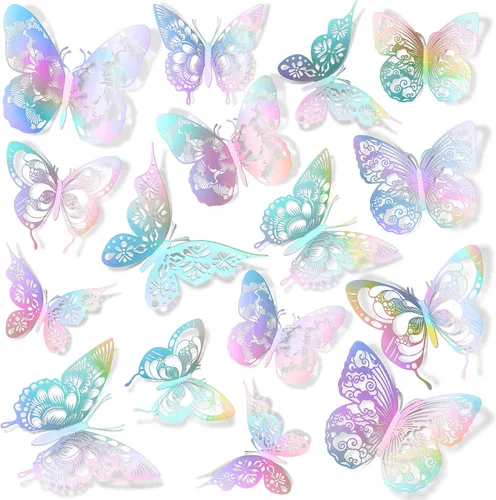 Vista 9 de Amaonm - Decoración de pared de mariposa 3D, 60 unidades, 5 estilos, 3 tamaños, mariposas, removibles, para bricolaje, huecas, de PVC, para niños
