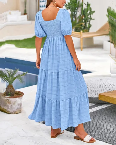 Vista 5 de PRETTYGARDEN Vestidos de verano para mujer, manga abombada, cuello cuadrado, cintura alta, fruncido, acampanado, holgado, vestido midi