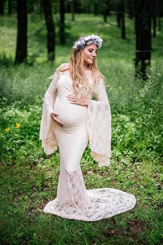Vista 8 de Saslax Vestido de maternidad de encaje con hombros descubiertos para fotografía, maxi accesorios de maternidad, vestidos para sesión de fotos, baby