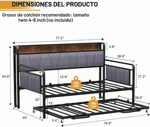 Vista 3 de Sofá cama individual con nido, moderno sofá cama individual, marco de cama de metal resistente con cabecera tapizada para sala de estar, dormitorio