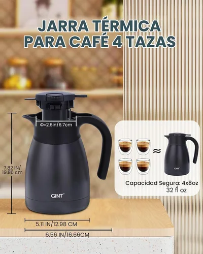 Vista 5 de Jarra térmica para café GiNT de 1L / 34Oz, jarras de café de acero inoxidable aisladas para mantener caliente/Jarra térmica de vacío de doble pared