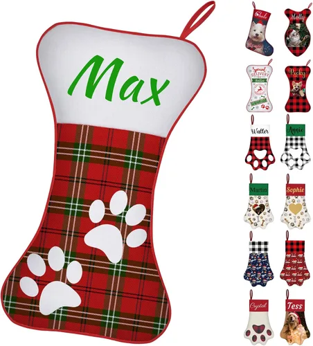 Vista 20 de Calcetines de Navidad personalizados con foto de nombre, medias personalizadas en forma de hueso para perros, gatos, mascotas, medias de Navidad