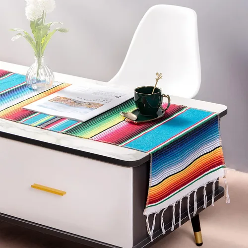 Vista 3 de Camino de mesa mexicano, paquete de 12 unidades, 14 x 84 pulgadas, decoración de fiesta temática mexicana para fiesta del Cinco de Mayo, Serape