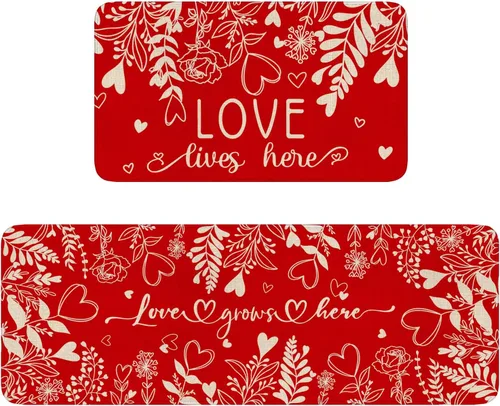 Vista 9 de Juego de 2 alfombras y tapetes de cocina, para el día de San Valentín, decoración de corazón rojo, antideslizantes, parte trasera de goma