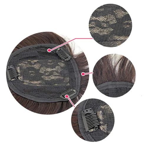 Vista 7 de Parte media recta para cabello con flequillo limpio para cabello fino para mujer, postizo de frente de 14 pulgadas, marrón oscuro