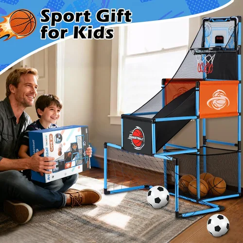 Vista 6 de Juego de Arcade de Baloncesto y Portería de Fútbol 2 en 1 para Niños, Aro de Baloncesto Ajustable para Niños con 6 Pelotas y Bomba