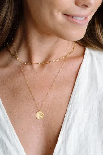 Vista 3 de Collar con dije de moneda ovalada con flor de 12 meses de nacimiento, collar de oro real de 14 quilates, delicada, regalo personalizado