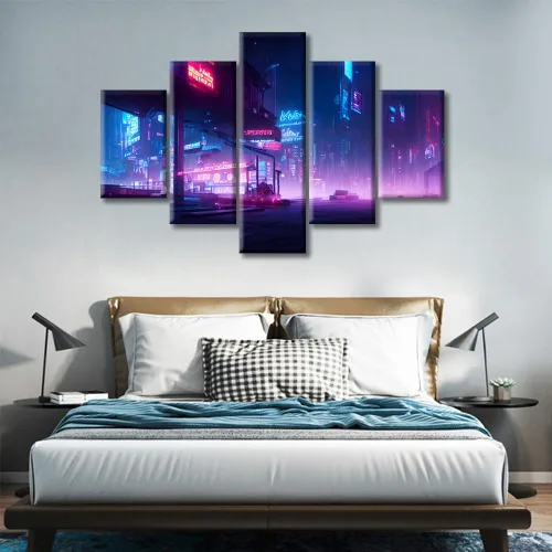 Vista 143 de Cuadros de 5 paneles de Cyberpunk City, arte de pared, representación de vallas publicitarias, edificios modernos en la capital con obras de arte