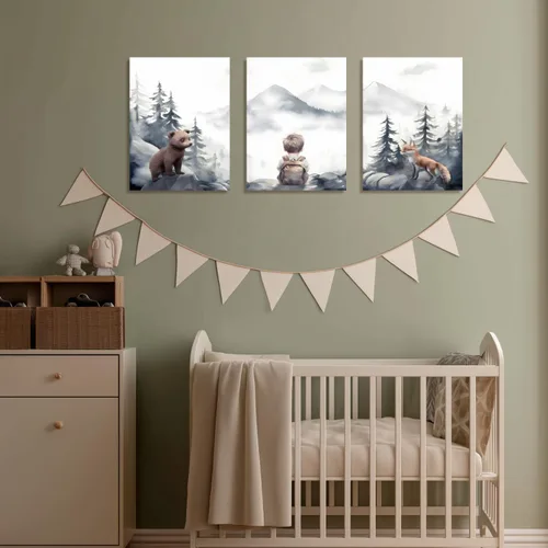 Vista 5 de kilamino Arte de pared de bosque neutral con animales salvajes, lindo póster de oso y zorro para guardería, impresiones de póster de aventura