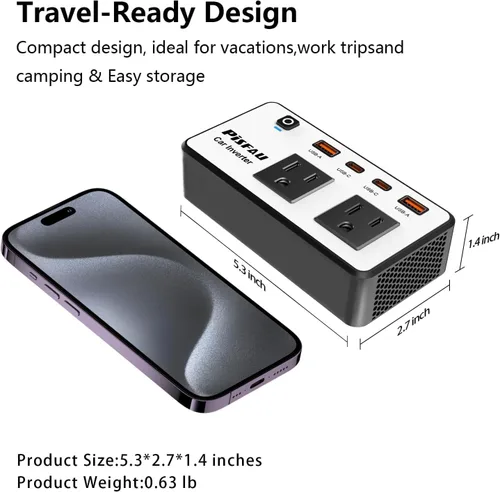 Vista 5 de Inversor de corriente para coche de 300 W, PiSFAU CC 12 V a CA 110 V Adaptador de enchufe de coche con múltiples USB [USB-C de 24 W] / Cargador