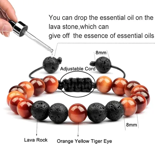 Vista 3 de Pulseras de cuentas de muñeca para hombres, hombres y mujeres, pulsera de roca de lava de ojo de tigre de 0.315in, regalos relajantes para hombres
