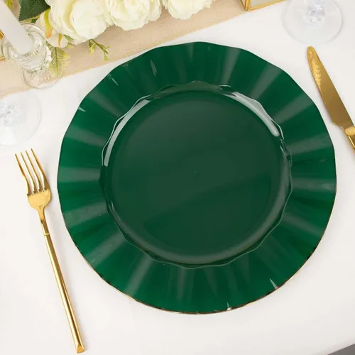 Vista 60 de Efavormart 10 Pack Platos redondos de plástico negro de 6" para postre y ensalada, platos desechables para aperitivos con borde ondulado dorado