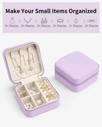Vista 8 de Vlando Pequeño organizador de joyero de viaje Anillo de regalo para mujer, aretes, collares, vitrina de almacenamiento para niñas, color morado