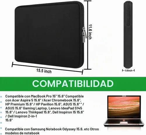 Vista 5 de Funda para laptop de 15.6 pulgadas, maletín protector para computadora, funda portátil de viaje compatible con MacBook, HP, Dell, Asus, Lenovo, negro