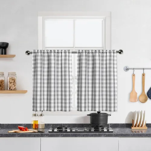 Vista 26 de Cortinas de Cocina Estilo Granja de Cuadros Vichy Blanco y Negro de 24 Pulgadas de Largo, Cortinas de Café de Media Ventana de Cuadros Buffalo