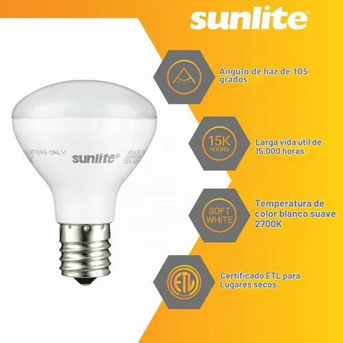 Vista 3 de Sunlite Mini bombillas LED R14, 4 vatios (equivalente a 25 W), 280 lúmenes, base intermedia (E17), regulable, certificación ETL, blanco suave