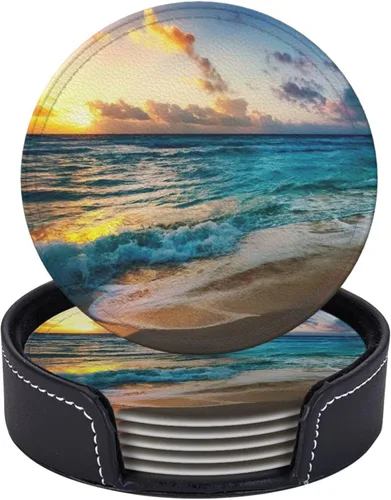 Vista 9 de Famame 6 posavasos hawaianos de cuero con hojas tropicales Tiki para bebidas con soporte, juegos de posavasos para mesa de bebidas, posavasos