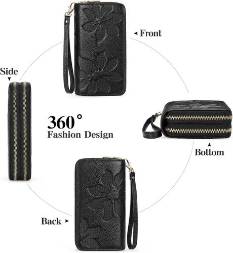 Vista 6 de GOIACII Cartera de mujer de gran capacidad con doble cremallera para mujer, soporte para teléfono con bloqueo RFID, correa de cuero
