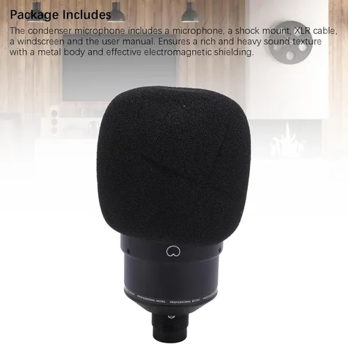 Vista 7 de Micrófono de condensador de estudio, micrófono de diafragma de 1.024 in con soporte de choque XLR cable parabrisas para grabación de podcasting Negro