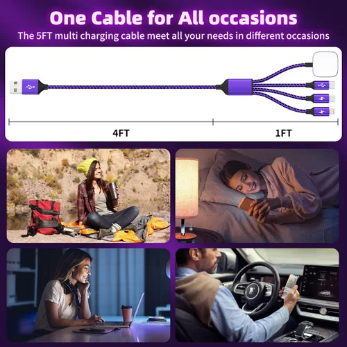 Vista 7 de Travel Essentials - Cable de carga múltiple 4 en 1 para cargador de reloj de iPhone, USB A a doble tipo C/IP/iWatch, cargadores de viaje