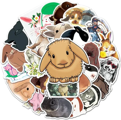 Vista 5 de Lindas 50 calcomanías de conejo de dibujos animados, calcomanías de conejo, vinilo impermeable, paquete colorido surtido para niños, adolescentes