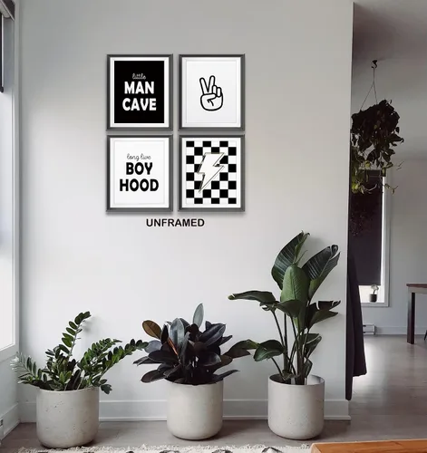 Vista 3 de Pósters Retro de Cueva del Hombrecito Preppy a Cuadros Rayo Signo de Paz Larga Vida a la Niñez para Habitación de Niño Adolescente Decoración