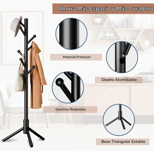 Vista 5 de Perchero de abrigos, Perchero de pie independiente con 8 ganchos, 3 alturas ajustables para ropa, sombreros, bolsos, árbol de abrigos de fácil Negro