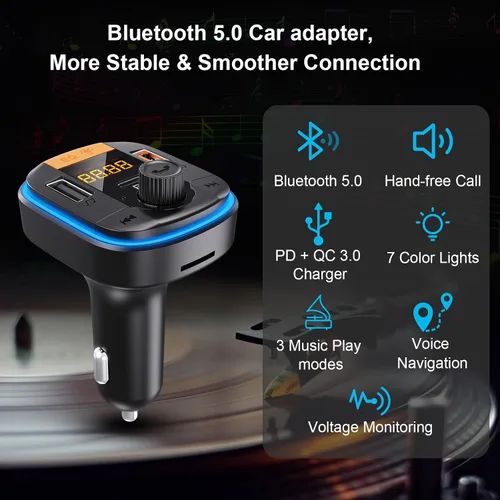 Vista 2 de Transmisor FM Bluetooth Bluetooth para automóvil - BAISHUN Adaptador Bluetooth 5.0 PD20W+QC3.0 encendedor de cigarrillos receptor de radio