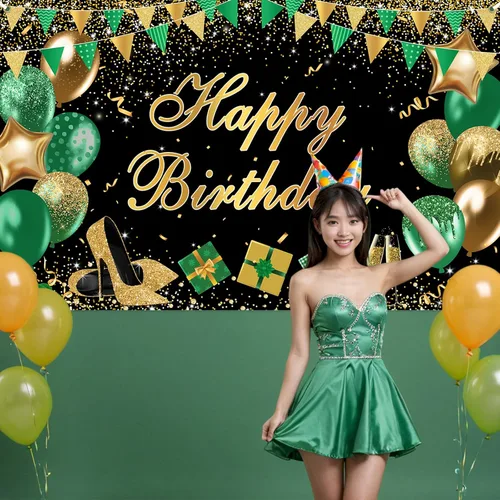 Vista 7 de Avezano Cartel verde de feliz cumpleaños verde dorado negro telón de fondo de feliz cumpleaños con purpurina decoración de fiesta de cumpleaños