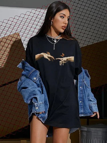 Vista 5 de WDIRARA Vestido de manga larga con cuello redondo y estampado gráfico de gran tamaño para mujer