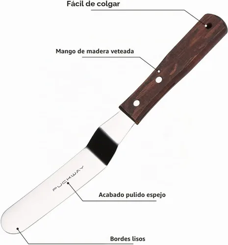 Vista 3 de Juego de 3 espátulas profesionales de acero inoxidable para glaseado (hoja flexible resistente de 4 a 6 a 8 pulgadas) en ángulo con mango de madera