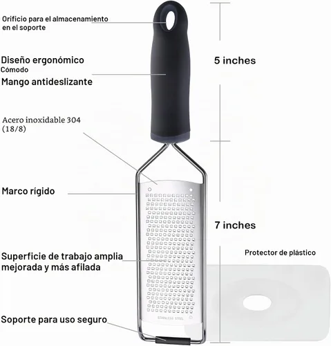 Vista 2 de Rallador de queso de acero inoxidable, mango suave ergonómico, limón, jengibre, patata con cubierta de plástico Extra-wide Fine Grating Surface