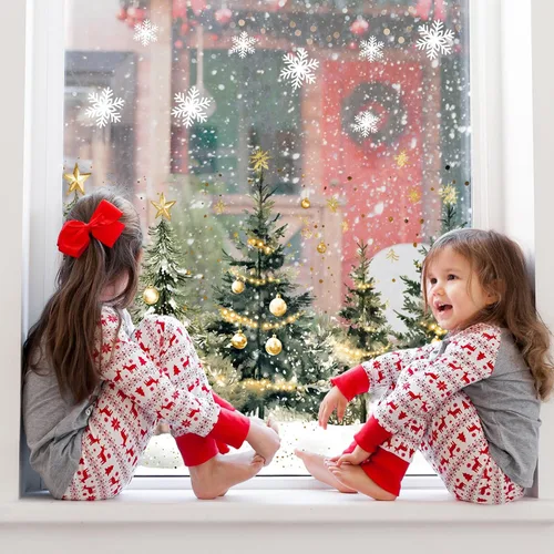 Vista 2 de Whaline 9 hojas de Navidad para ventana, calcomanías para ventana, acuarela, árbol de Navidad, bola de invierno, bosque